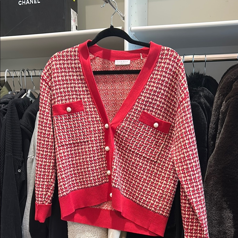Sandro Red Houndstooth Cardigan with Pearl Buttons